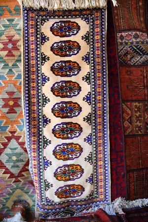 Carpet street shop in Bukhara, Uzbekistanの写真素材