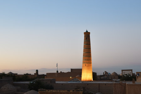 Cityscape in Ichan Kala at sunset time, ancient inner town of the old city Khiva in Khorezm region, Uzbekistanの写真素材