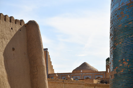 Khiva, Uzbekistan. Cityscape in Ichan Kala at sunset time, ancient inner town of the old city Khiva in Khorezm region,の写真素材