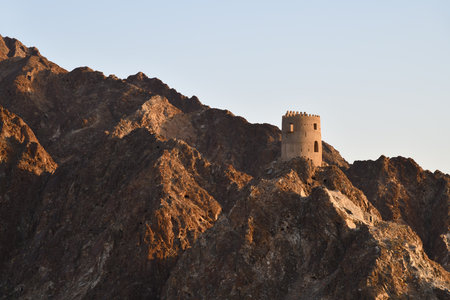 Oman landscape. Mountains and watchtower near Muscat. Sultanate of Oman. Arabian Peninsulaの写真素材