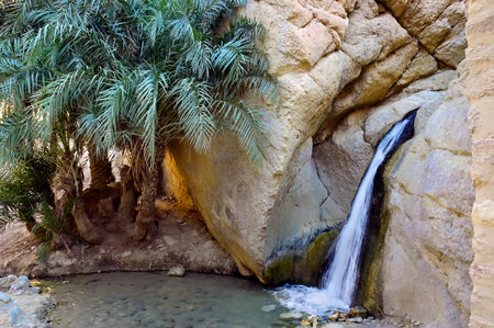 Tunisia scenery. Small waterfall in oasis Chebika is a mountain oasis in western Tunisia, in Tozeur Governorateの写真素材