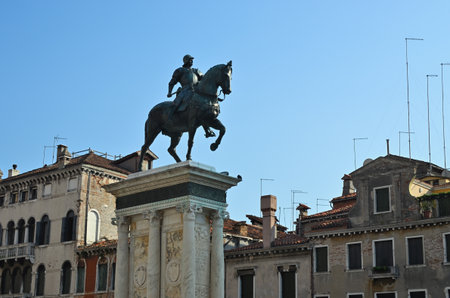 Venice, Italy. The equestrian statue (1488) of Bartolomeo Colleoni by Verrocchio in Venice. Campo Santi Giovanni e Paolo a Venezia opposite La Scuola Grande di San Marcoの写真素材
