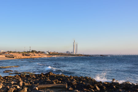 Orot Rabin power plant and its coal pier, viewed from Caesarea Maritimaの写真素材