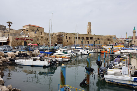 Akko, Israel - March 28, 2015: View at marina and old town of Akko at twilight time. Akko (Acre), one of the major tourist attraction of northern Israelのeditorial素材