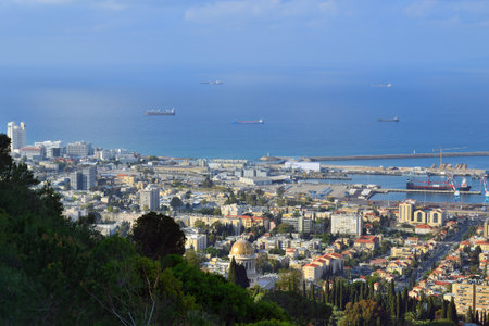 Haifa, Israel - Apr 04, 2015: Aerial view of Haifa city, ships were at anchor in the waters of the port of Haifa, Israel, Mediterranean seaのeditorial素材
