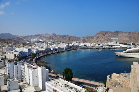 Muscat, Oman - Jan 31, 2025: Port and Mutrah Corniche view from the Mutrah Fort in Muscat. Sultanate of Omanのeditorial素材