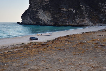 Salalah, Oman - Feb 02, 2026: Afoul Beach. This is one of Oman's fascinating beaches hidden among the high mountains. Wadi Afoul, Governorate of Dhofarの写真素材