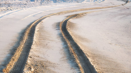 Sea sand area, Sultanate of Oman. Car tracks in the sand dunes on coastline of Arabian sea at sunrise, Salalah,  Governorate of Dhofar. Arabian Peninsulaの写真素材