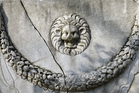 Istanbul, Turkey - Dec 11, 2023: Museum of Archeology in Istanbul, ancient exhibits of ancient empires inhabiting territory of present-day Turkey. Orthostat decorated with garlandのeditorial素材