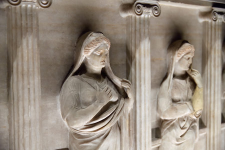 Istanbul, Turkey - December 11, 2023: Detail of marble sarcophagus of the mourning women in Istanbul Archaeological Museumのeditorial素材
