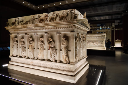 Istanbul, Turkey - December 11, 2023: Sarcophagus of the mourning women in Istanbul Archaeological Museumのeditorial素材