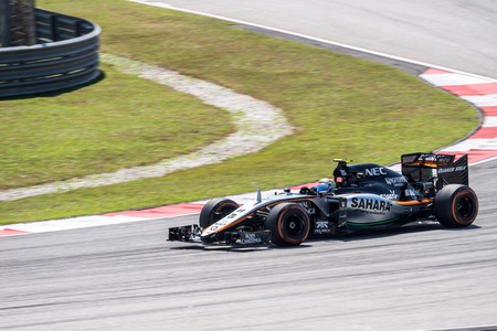 SEPANG - MARCH 27: Sergio Perez of Sahara Force India F1 Team at 2015 Formula 1 Petronas Malaysia Grand Prix First Practice Session at Sepang circuit on March 27, 2015 in Sepang, Malaysia.のeditorial素材