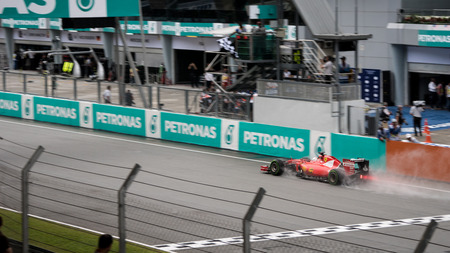SEPANG  MARCH 28: Sebastian Vettel of Scuderia Ferrari at 2015 Formula 1 Petronas Malaysia Grand Prix Qualifying Session at Sepang circuit on March 28 2015 in Sepang Malaysia.のeditorial素材