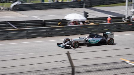 SEPANG  MARCH 29: Lewis Hamilton of Mercedes AMG Petronas Formula One Team at 2015 Formula 1 Petronas Malaysia Grand Prix Race Day at Sepang circuit on March 29 2015 in Sepang Malaysia.のeditorial素材