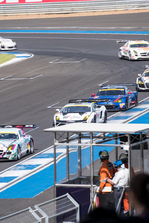 BURIRUM, THAILAND - JUNE 21 : Super GT Final Race 66 Laps at 2015 AUTOBACS SUPER GT Round 3 BURIRAM SUPER GT RACE on June 21, 2015 in Burirum, Thailand.のeditorial素材