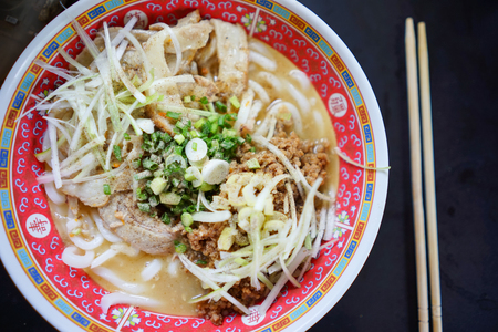 Noodles stewed bone pork with pork chaashu and pork fried sesami oil