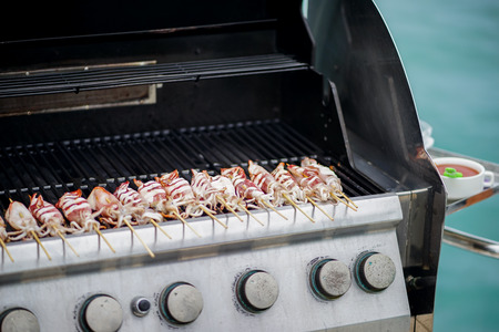 Grilled squid stick close up on a stoveの写真素材