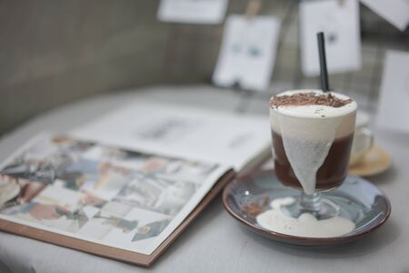 Iced Chocolate, Iced Cocoa with milk froth and chocolate chip topping, drinkの写真素材
