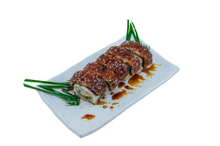 Japanese Food : Unagi Sushi Rolls served on White Dish on White Backgroundの写真素材