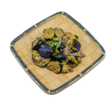 Japanese Food : Stir Fried Japanese Eggplant with Minced Pork on White Backgroundの写真素材