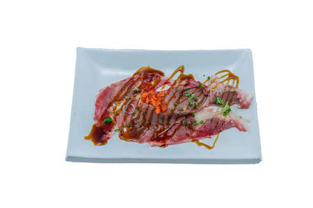 Japanese Food : Sushi Wagyu Beef with Wweet Shoyu Sauce on top with Ebiko Shrimp Eggs on White Backgroundの写真素材