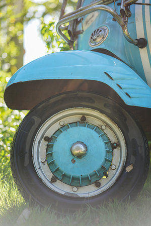 Nakhon Ratchasima, Thailand - June 09, 2020  : Portrait shot of Vespa Motobike close up wheel on...
