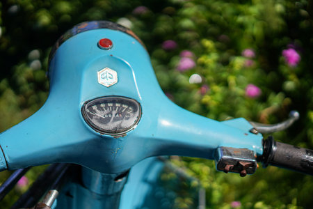 Nakhon Ratchasima, Thailand - June 09, 2020  : Portrait shot of Vespa Motobike close up mileage needle on greensward ,Nakhon Ratchasima Thailand.のeditorial素材