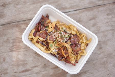 Dried chilli bacon pasta (fresh fettuccine).の写真素材