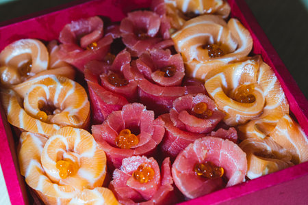Close up Japanese food, Raw Salmon and Tuna Valentine box set.の写真素材