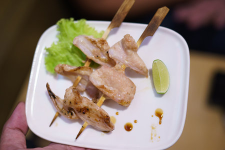 Japanese food, close up grilled Chicken and soft bone Yakitori.の写真素材