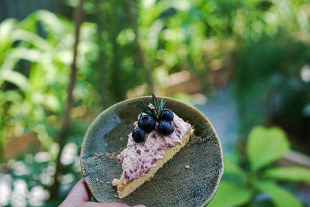 A piece of blueberry shortcake with a rosemary leaf, scattered blueberries in the blur background.の写真素材