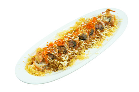 California maki sushi roll with shrimp, served with ginger, wasabi and crispy tempura, Japanese food style on white backgroundの写真素材