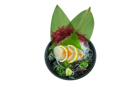 Fresh raw japanese scallop or Hotate sashimi in japanese style in ceramic plate isolated on white background.の写真素材