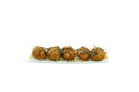 Japanese Street Food Okonomiyaki Takoyaki Dumpling Tako Balls on white background.の写真素材