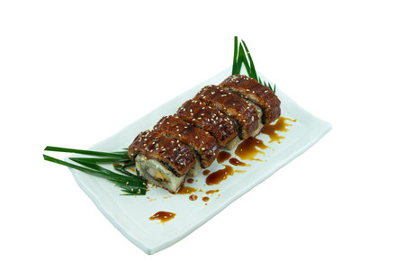 Sushi roll with eel and sesame seeds isolated on white backgroundの写真素材