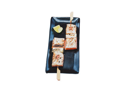 Yakitori Salmon Belly Izakaya Style a Popular Japanese Food on White Background.の写真素材