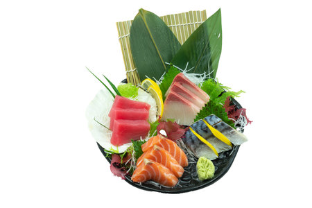 Sashimi Japanese food, (Hamachi, Akami, Saba and Salmon) Sashimi set on White Background.の写真素材