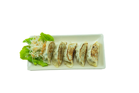 Gyoza Chinese Dumplings Isolated, Fried Vegetable Jiaozi, Chicken Momo Set, on White Background.の写真素材