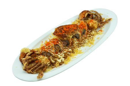 Soft shell crab sushi roll with butter lettuce tobiko mayo on white backgroundの写真素材