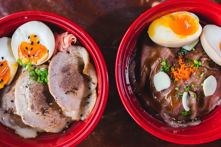 Top view close up - Chashu Rice Bowl with egg and Grilled Beef Japan Style with Rice.の写真素材