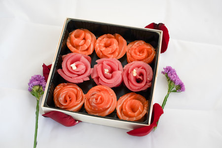 Valentines gift box salmon and tuna top view close up.の写真素材