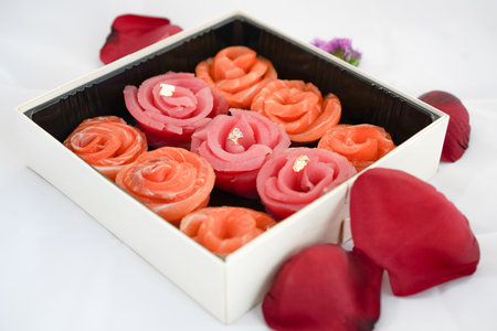 Valentines gift box salmon and tuna top view close up.の写真素材