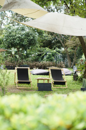 Couple beach chairs amidst a vibrant green meadow. relex chill vibe.の写真素材