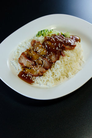 Barbecued red pork in sauce with rice .の写真素材