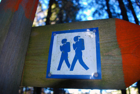 blue sign on a wooden poleの写真素材