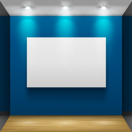 Exhibition hall with wooden floor and the three frames on the wall, illuminated by floodlights  Part of set のイラスト素材