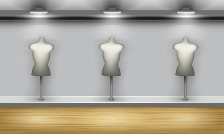 Shop showcase with three mannequins, front view. Vector interior.のイラスト素材