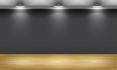 Exhibition hall with wooden floor, illuminated by searchlights. Vector interiors.のイラスト素材