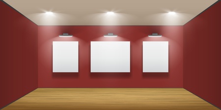 Exhibition hall with wooden floor and the three frames on the wall, illuminated by floodlights  Part of set  のイラスト素材