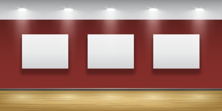 Exhibition hall with wooden floor and the three frames on the wall, illuminated by floodlights  Part of set  のイラスト素材